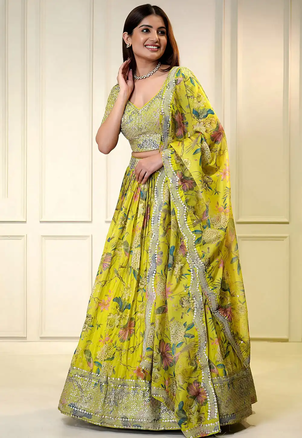 Lemon Yellow Organza Floral Lehenga Choli 322746