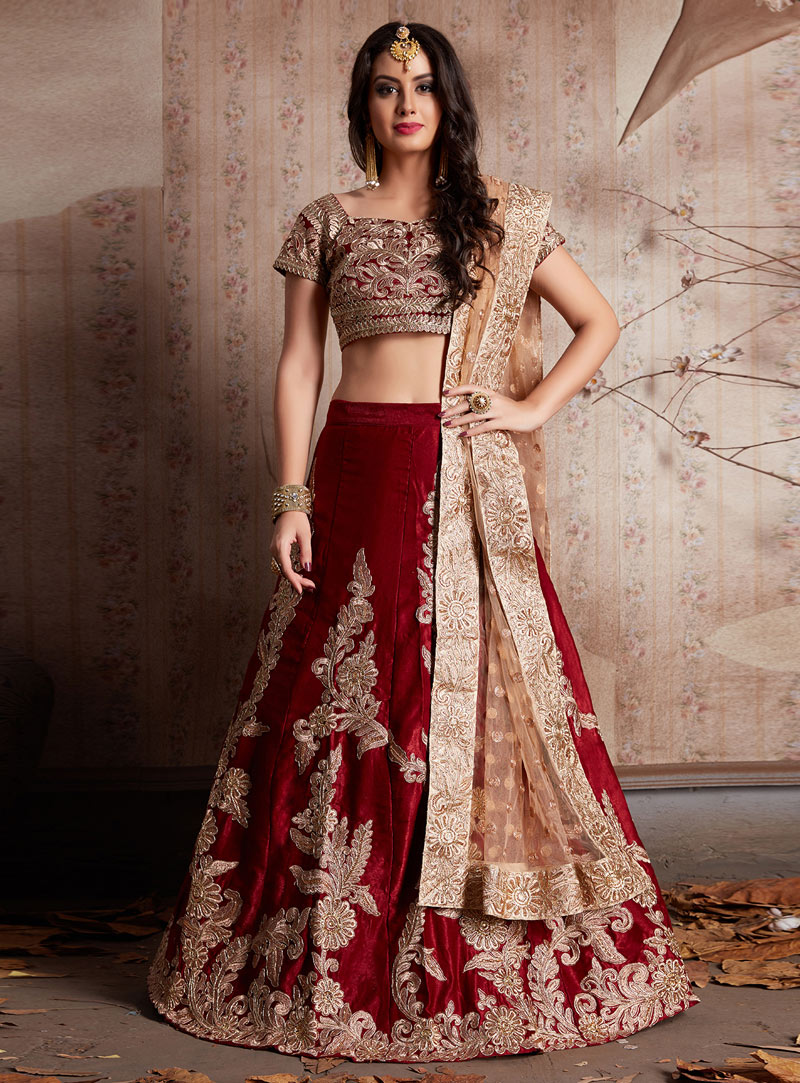 Maroon Velvet Silk Bridal Lehenga Choli 135041