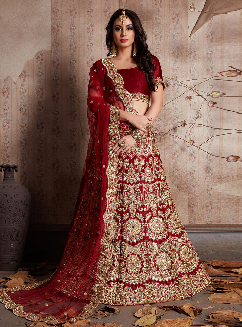 Maroon Velvet Silk Bridal Lehenga Choli 135042
