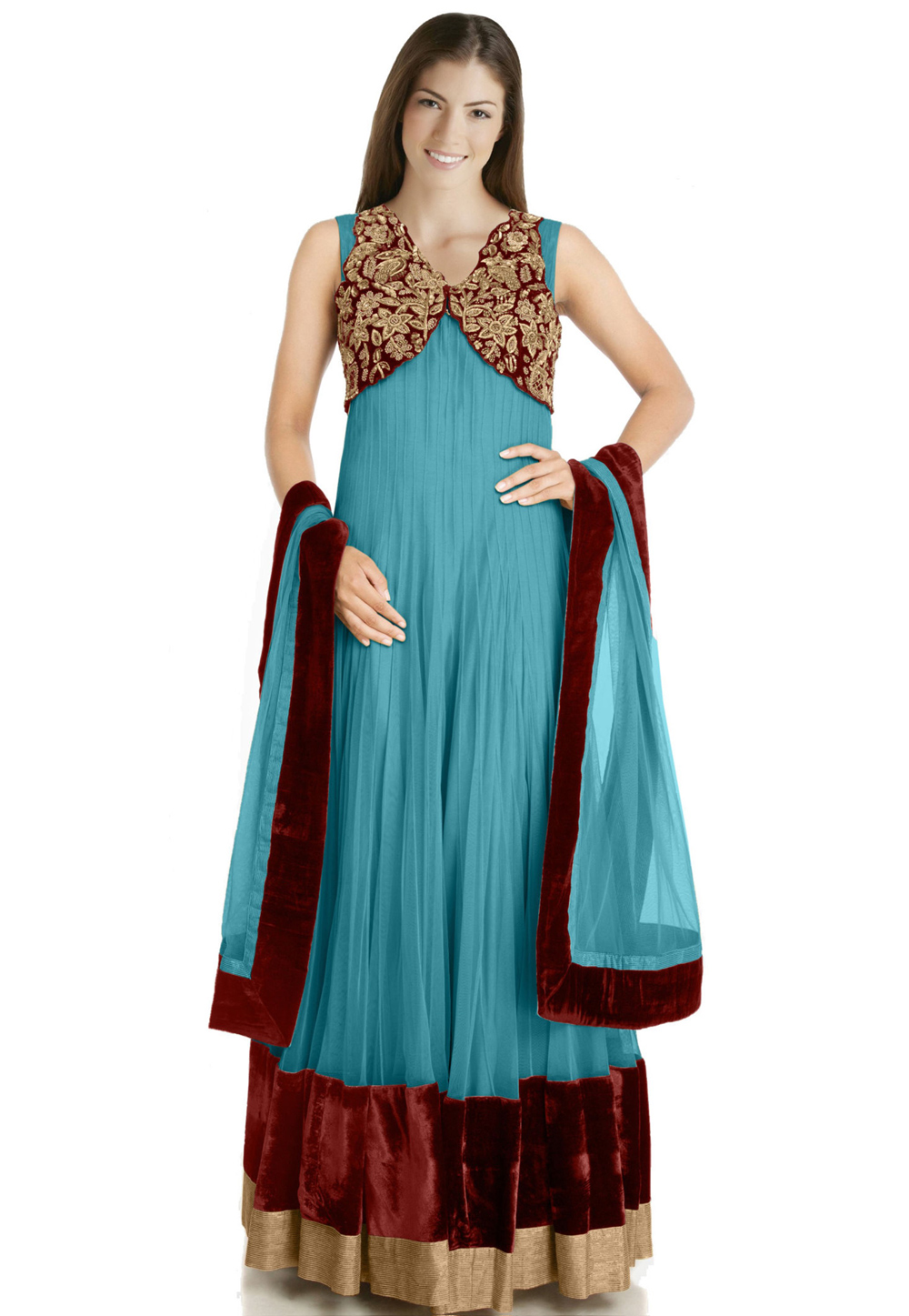 Light Blue Net Readymade Long Anarkali Suit 322193