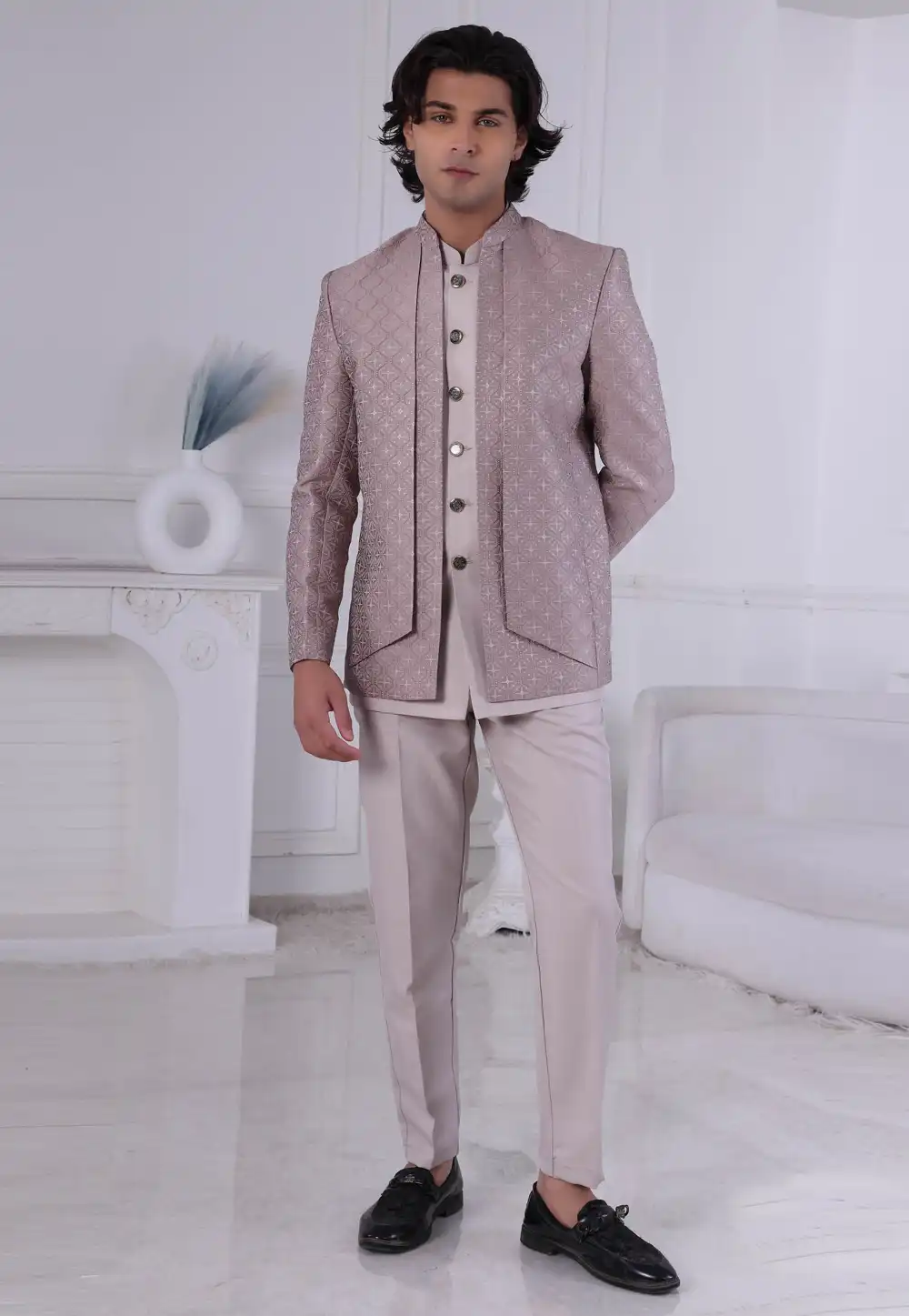 Light Brown Jacquard Jodhpuri Suit 315013