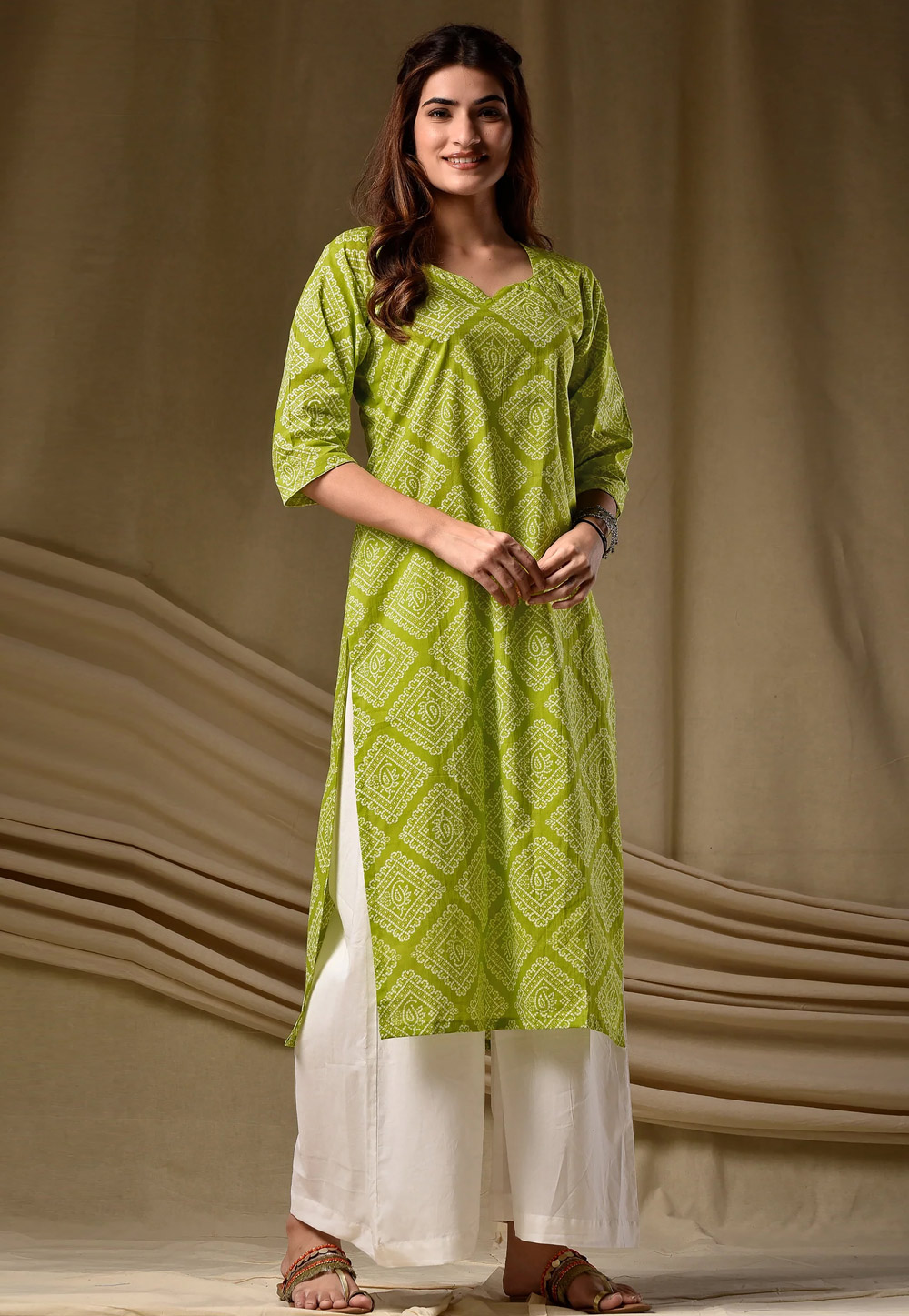 Light Green Cambric Cotton Printed Long Tunic 328096