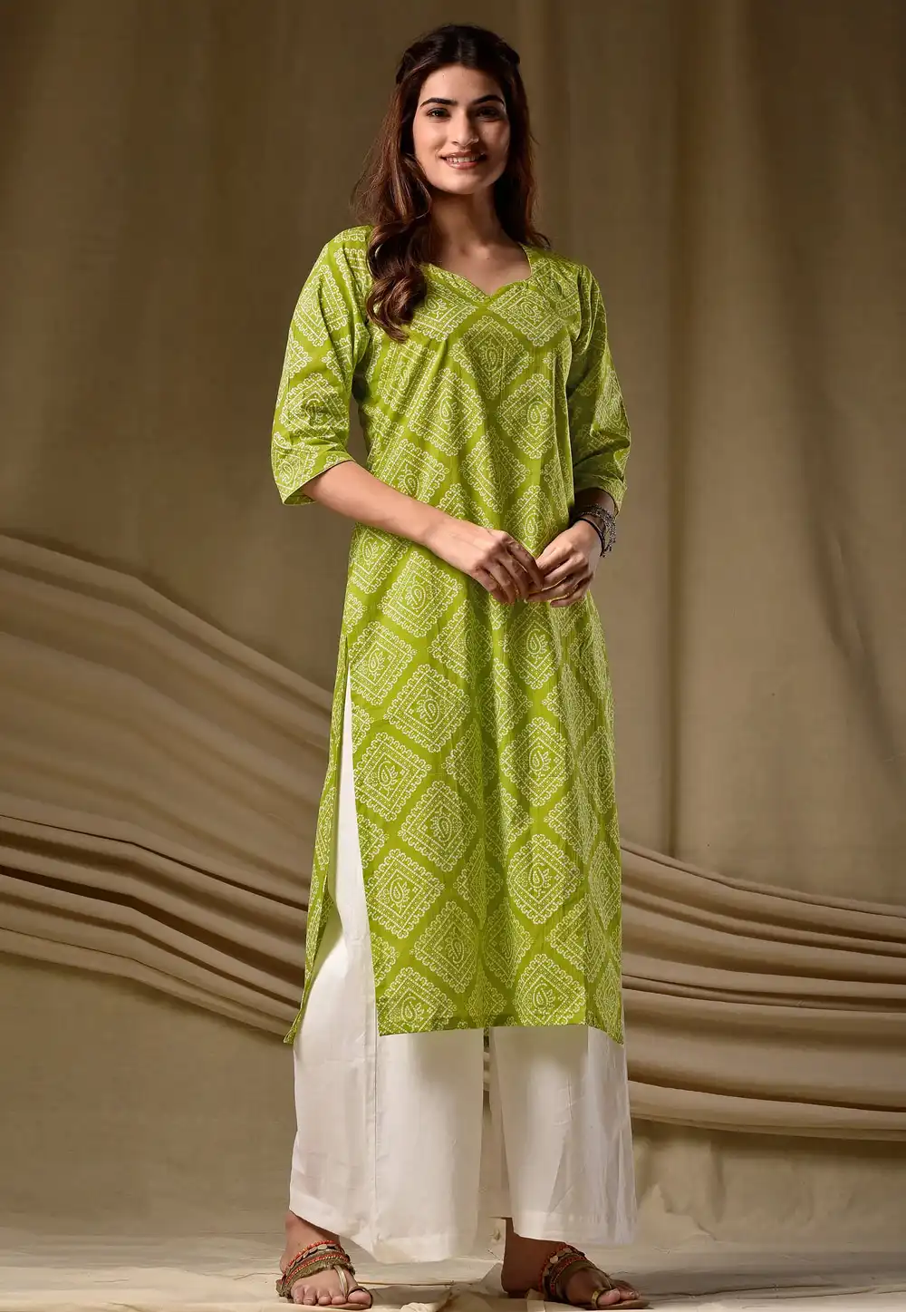 Light Green Cambric Cotton Printed Long Tunic 328096