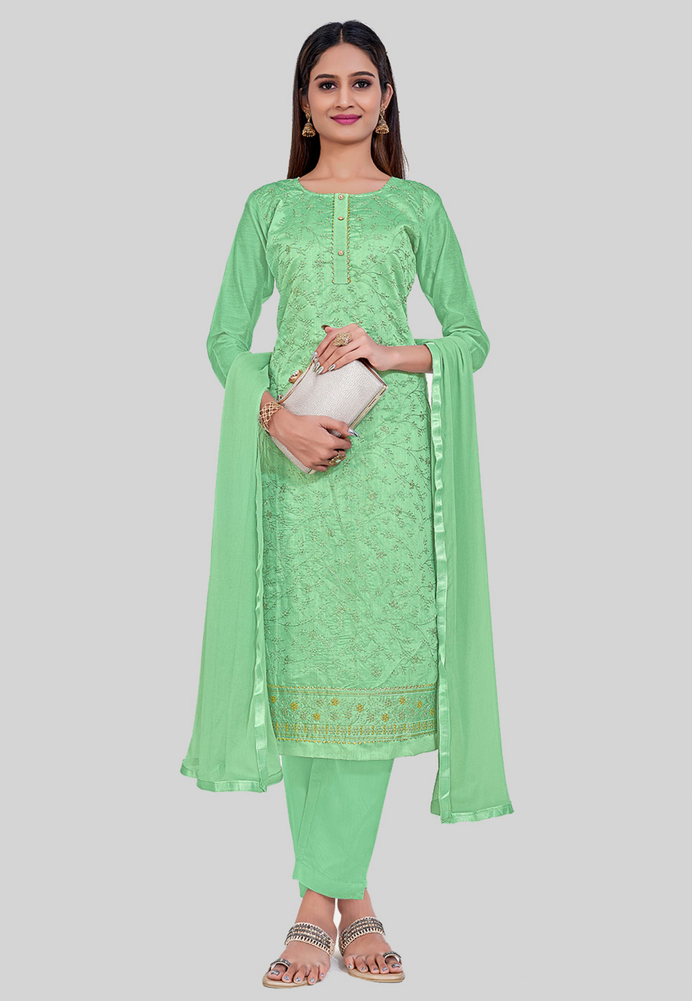 Light Green Chanderi Silk Pant Style Suit 284775