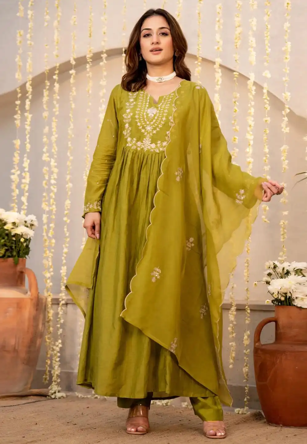 Light Green Chanderi Silk Readymade Pant Style Suit 326189