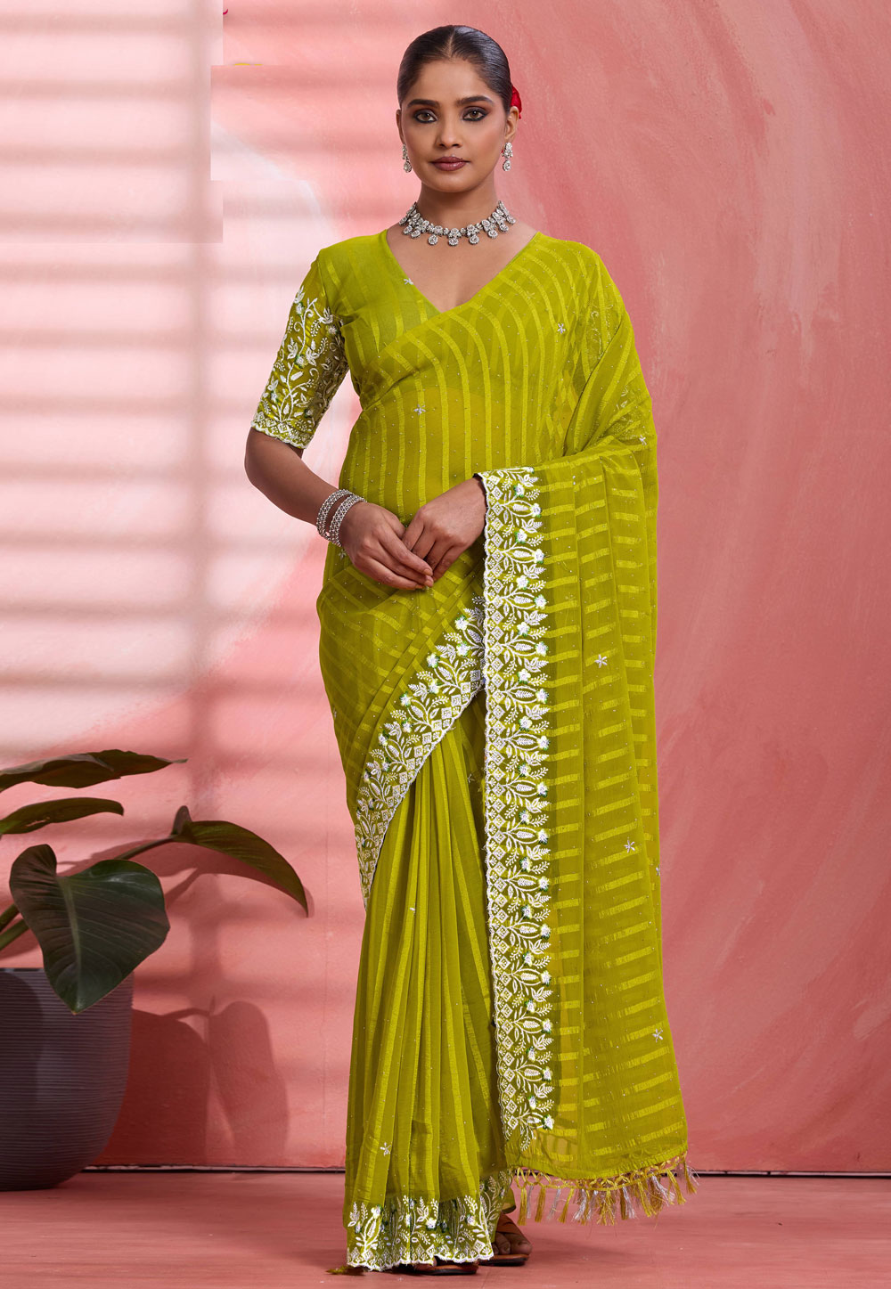 Light Green Chiffon Saree With Blouse 326544