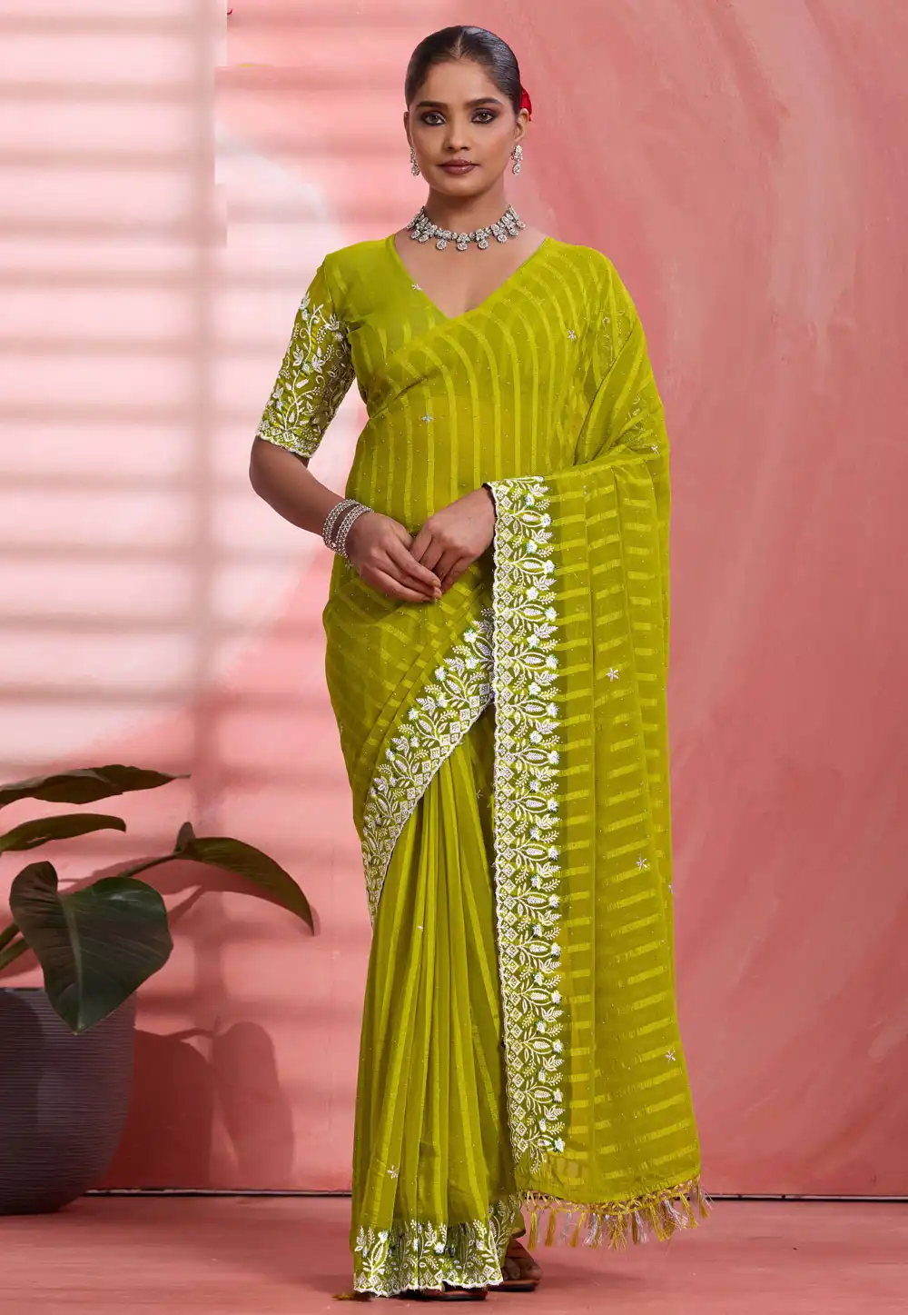 Light Green Chiffon Saree With Blouse 326544