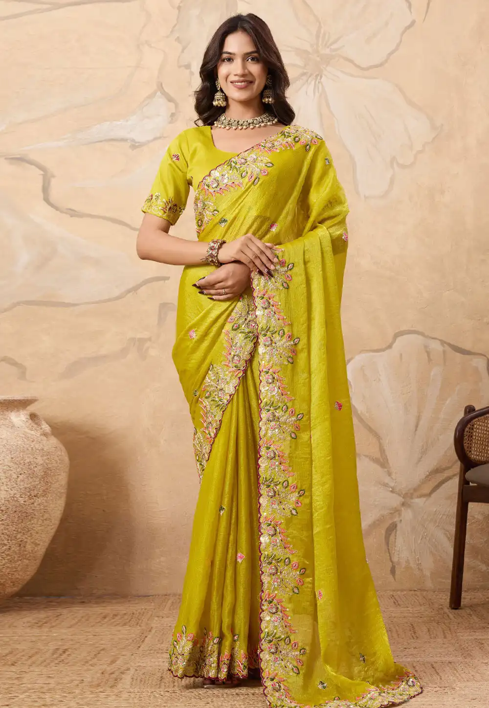 Light Green Chiffon Saree With Blouse 319705