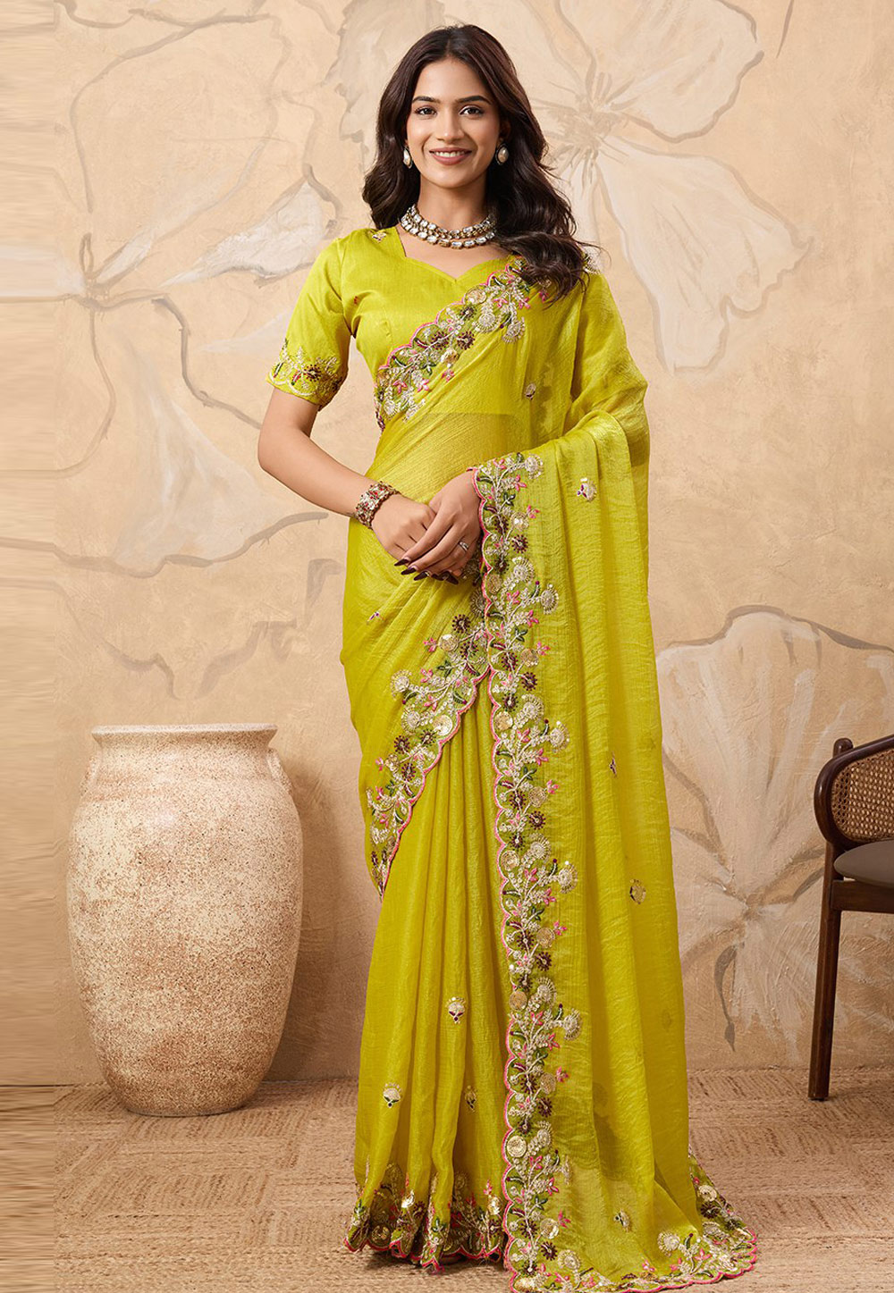 Light Green Chiffon Saree With Blouse 319708