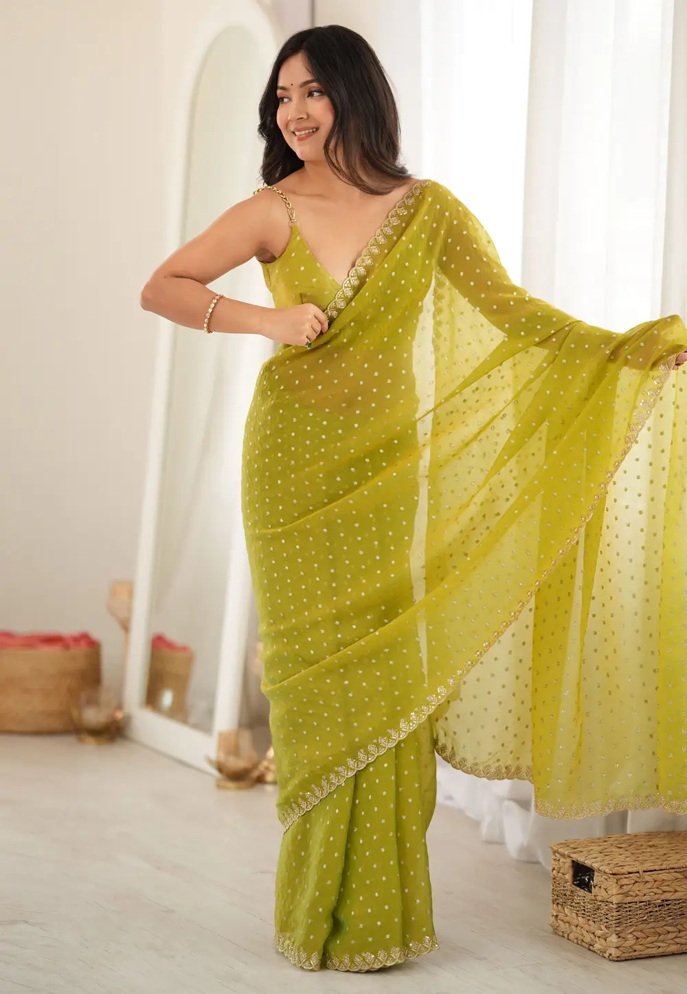 Light Green Chiffon Saree With Blouse 334349