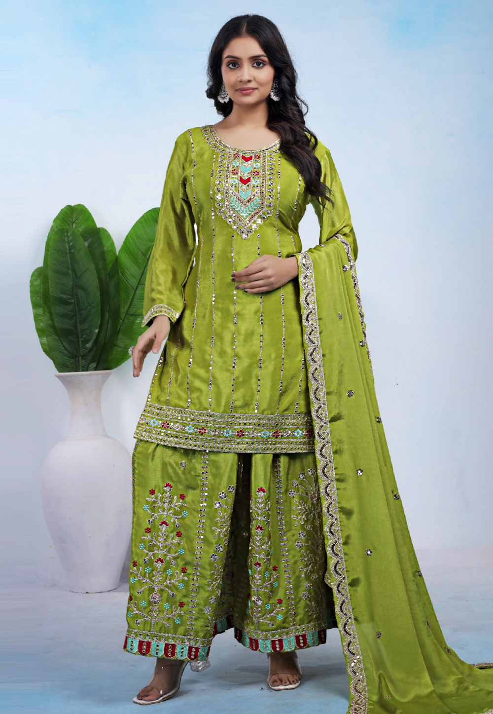 Light Green Chinon Readymade Pakistani Suit 321906