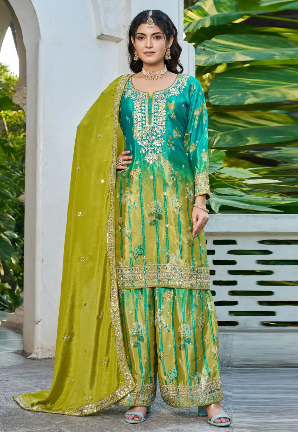 Light Green Chinon Readymade Pakistani Suit 328683