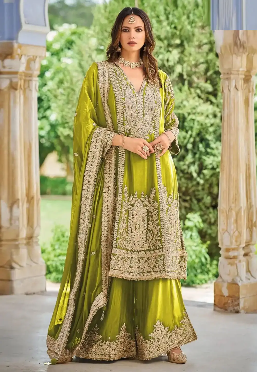 Light Green Chinon Readymade Palazzo Suit 332641