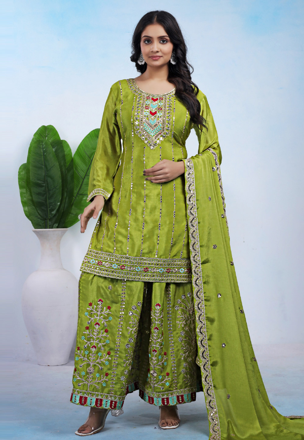 Light Green Chinon Readymade Palazzo Suit 321220