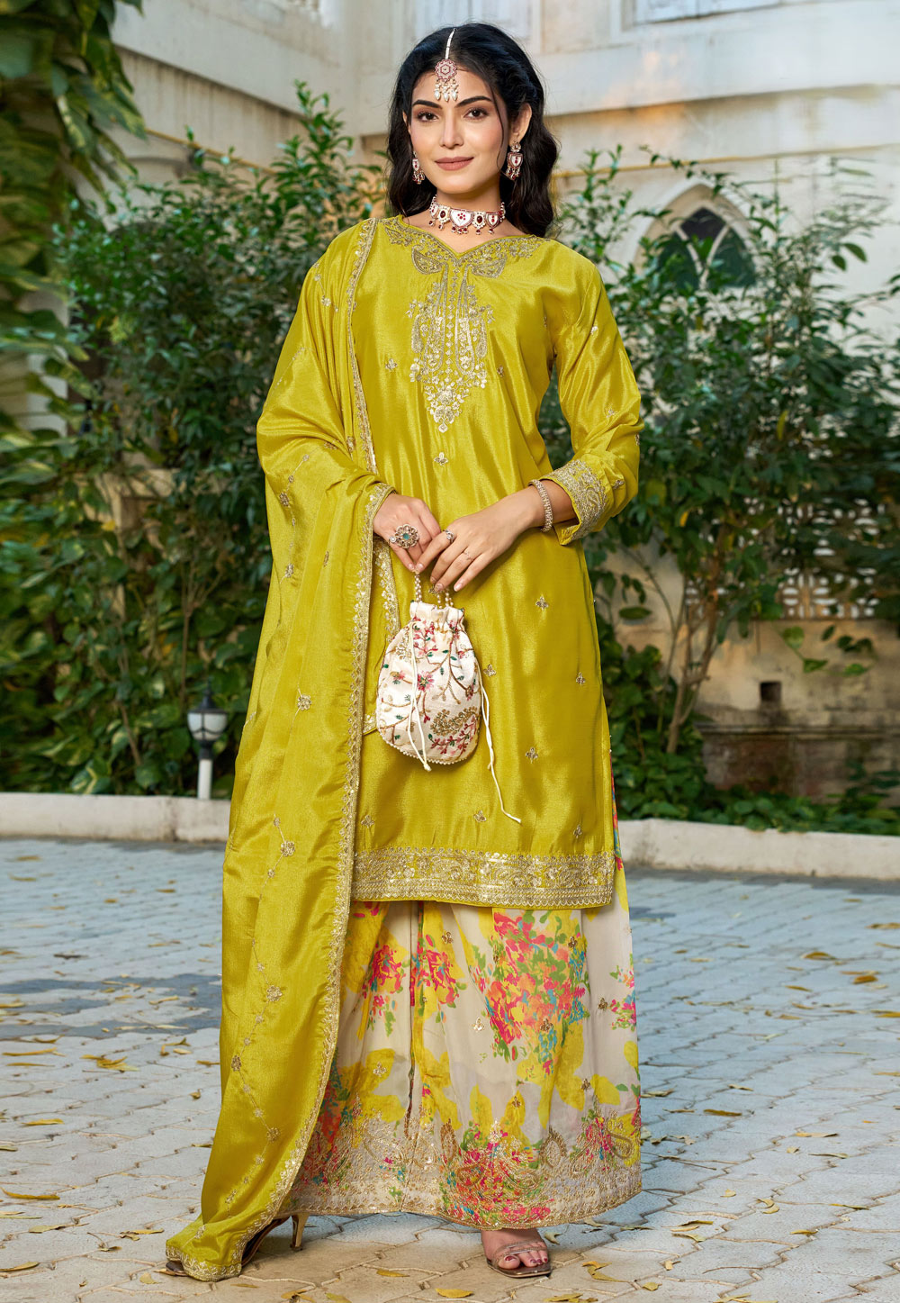 Light Green Chinon Readymade Palazzo Suit 328205
