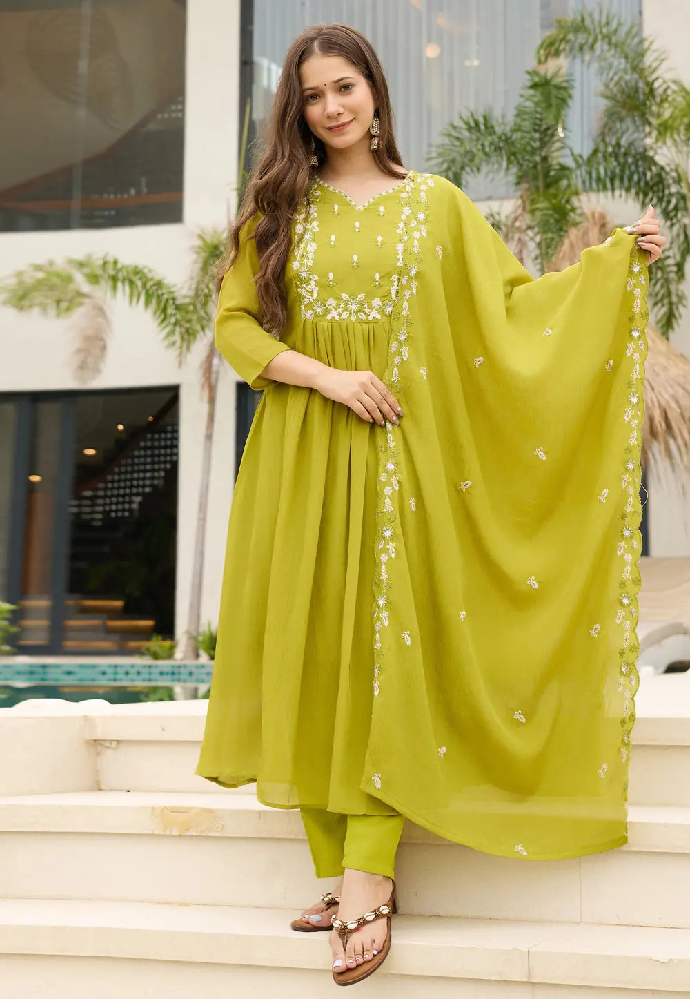 Light Green Chinon Readymade Pant Style Suit 334688