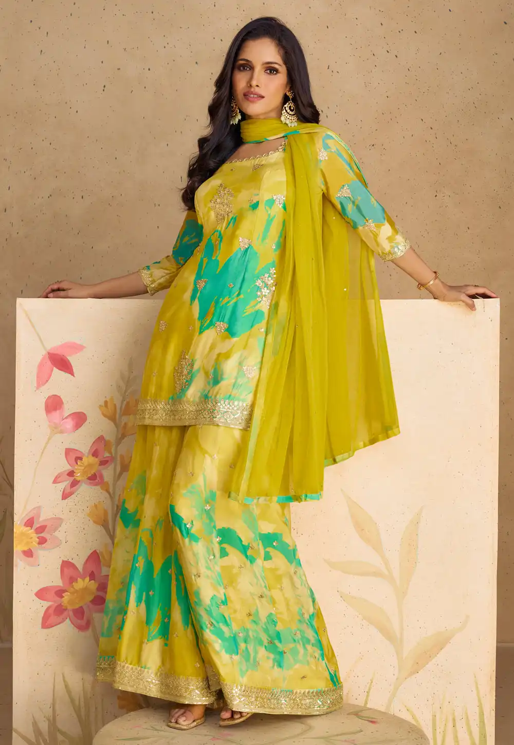 Light Green Chinon Silk Gharara Suit 291185