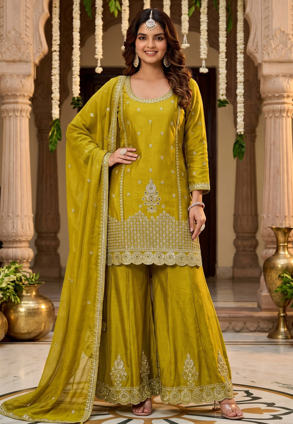 Light Green Chinon Silk Palazzo Suit 328366