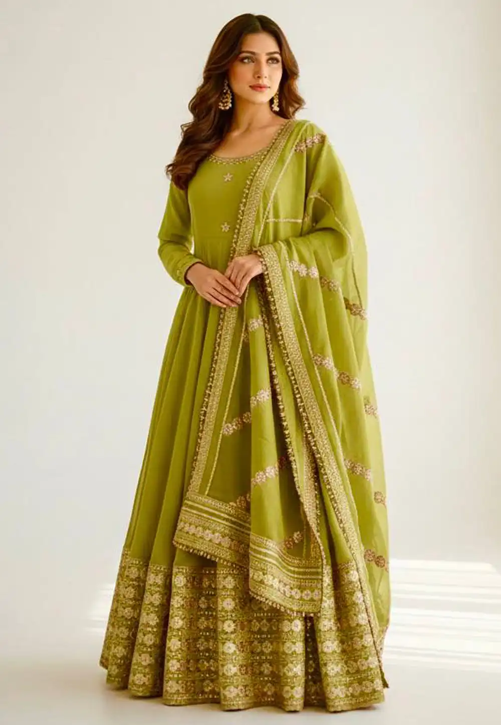 Light Green Chinon Silk Readymade Anarkali Suit 328891
