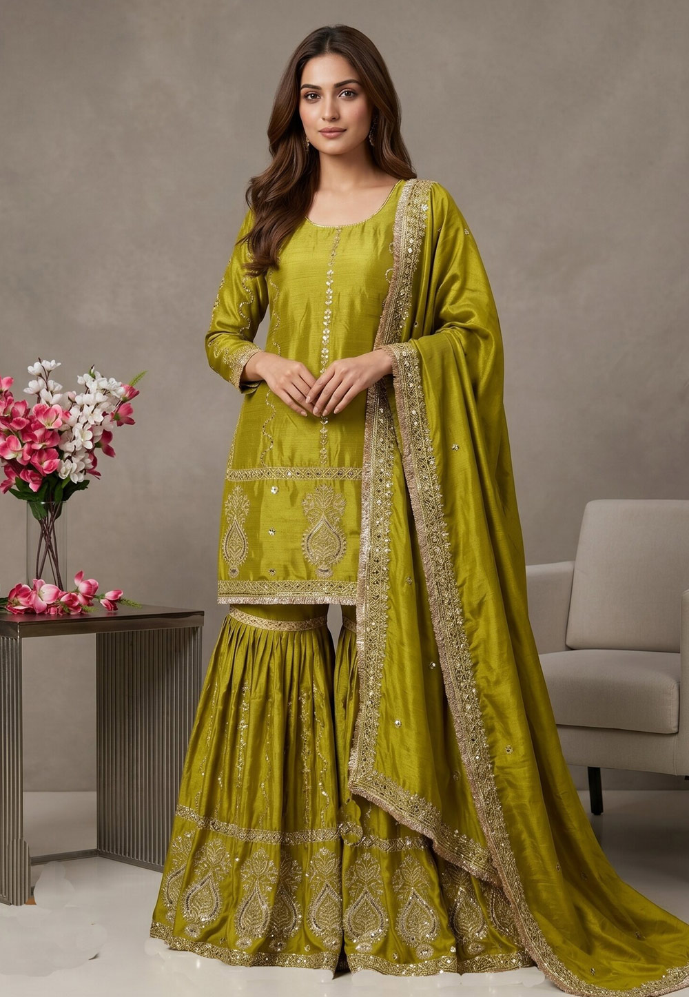 Light Green Chinon Silk Readymade Gharara Suit 330338