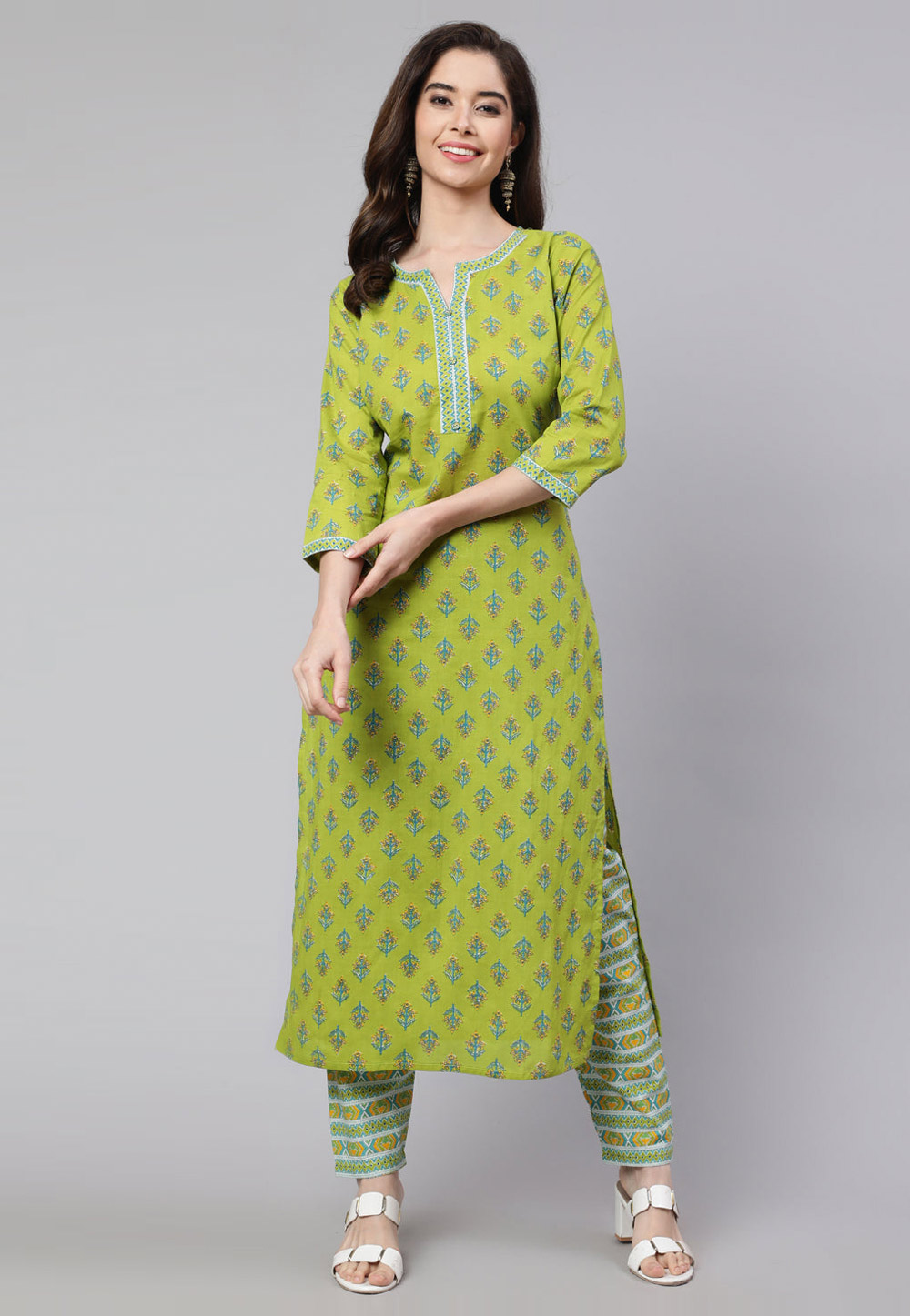 Light Green Cotton Kurta Set With Pent 282135
