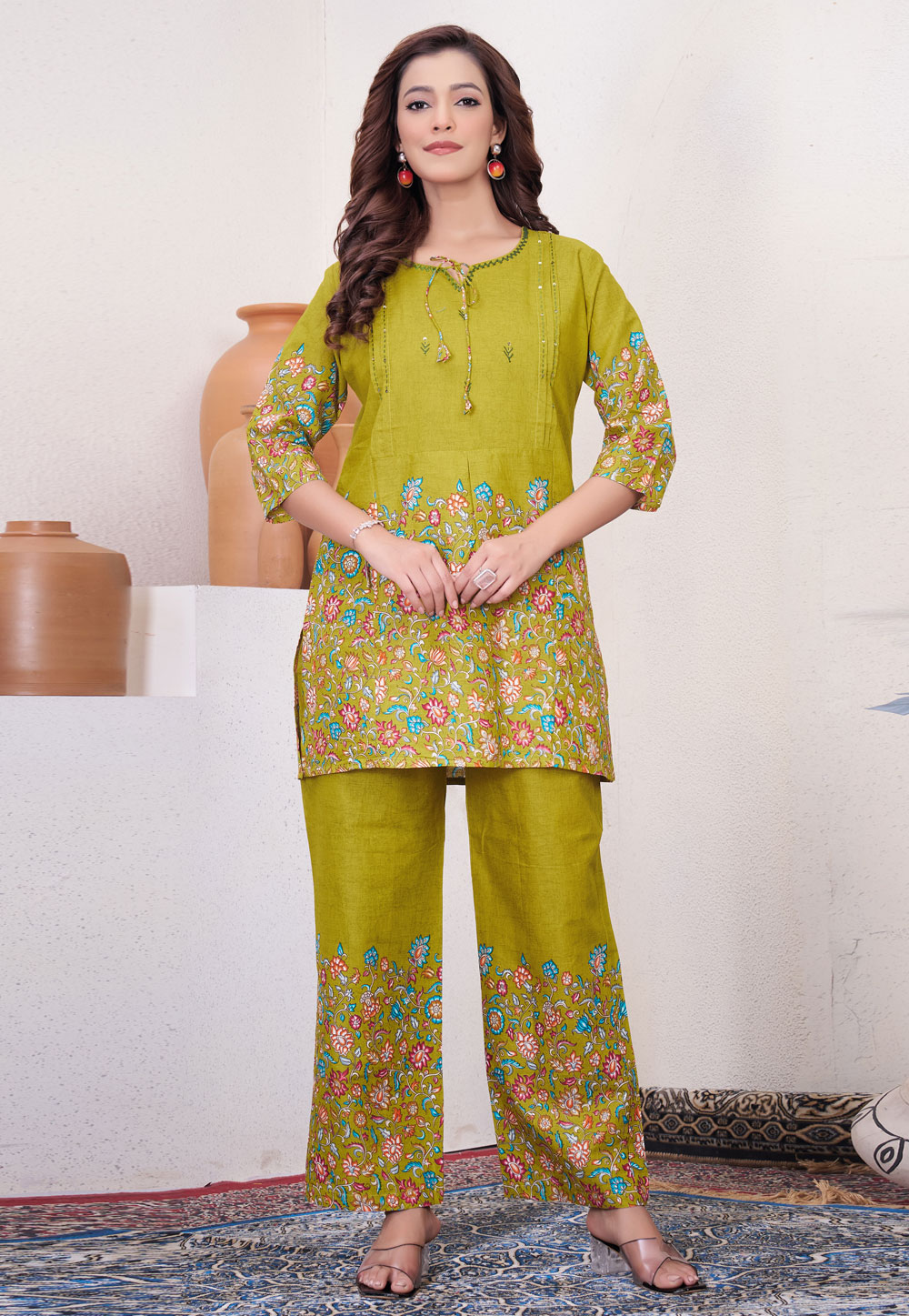 Light Green Cotton Printed Co-Ords Set 321423