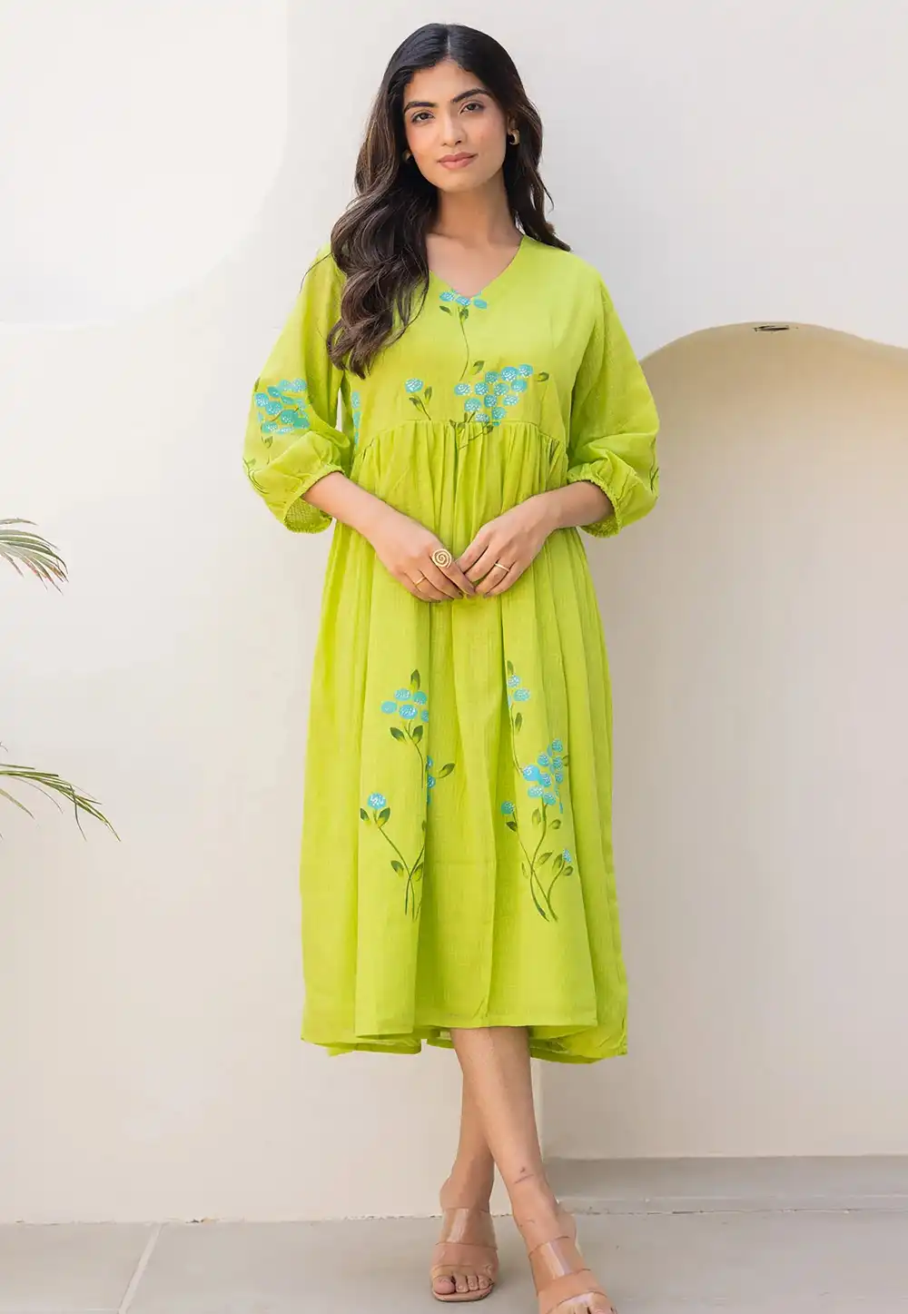 Light Green Cotton Printed Gown 318017