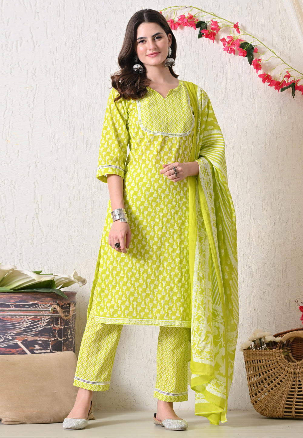 Light Green Cotton Readymade Pant Style Suit 321790