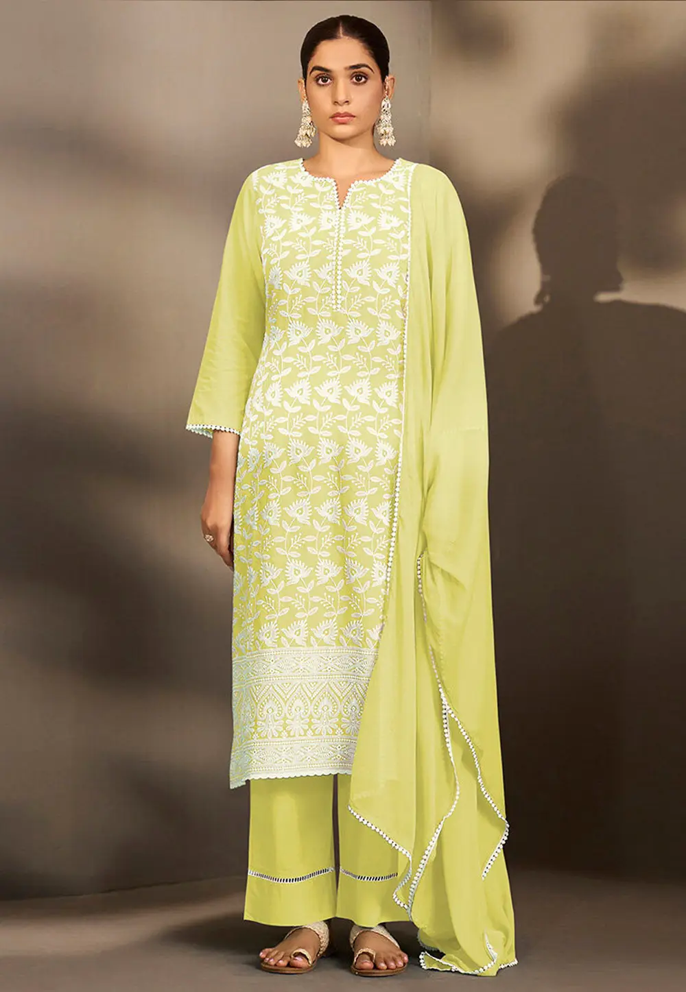 Light Green Cotton Readymade Straight Suit 334196