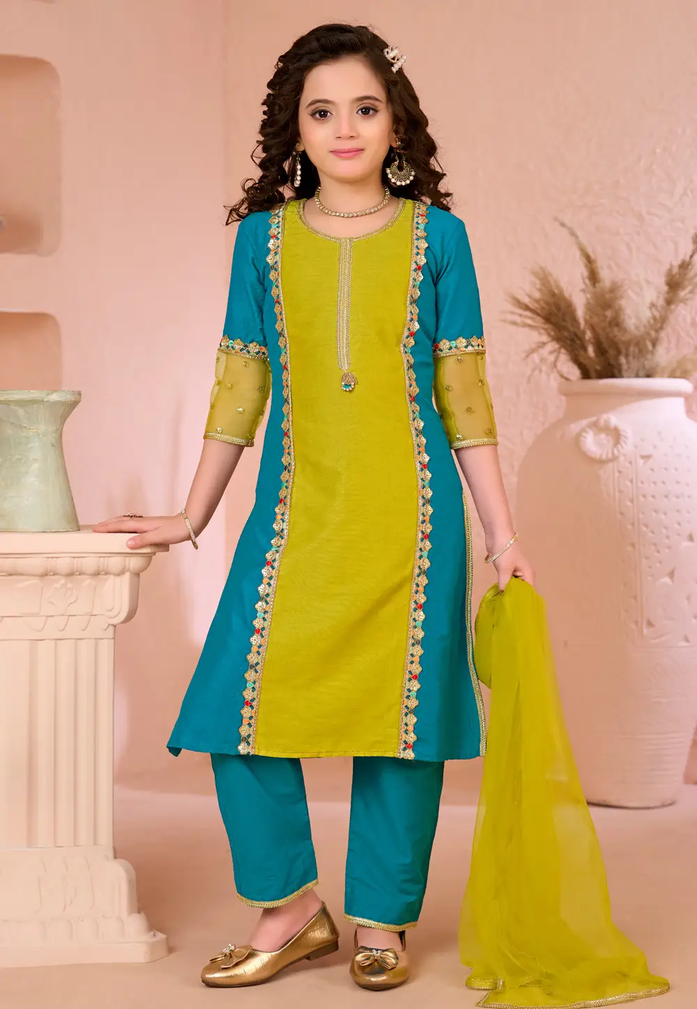 Light Green Cotton Silk Kids Pant Style Suit 334338