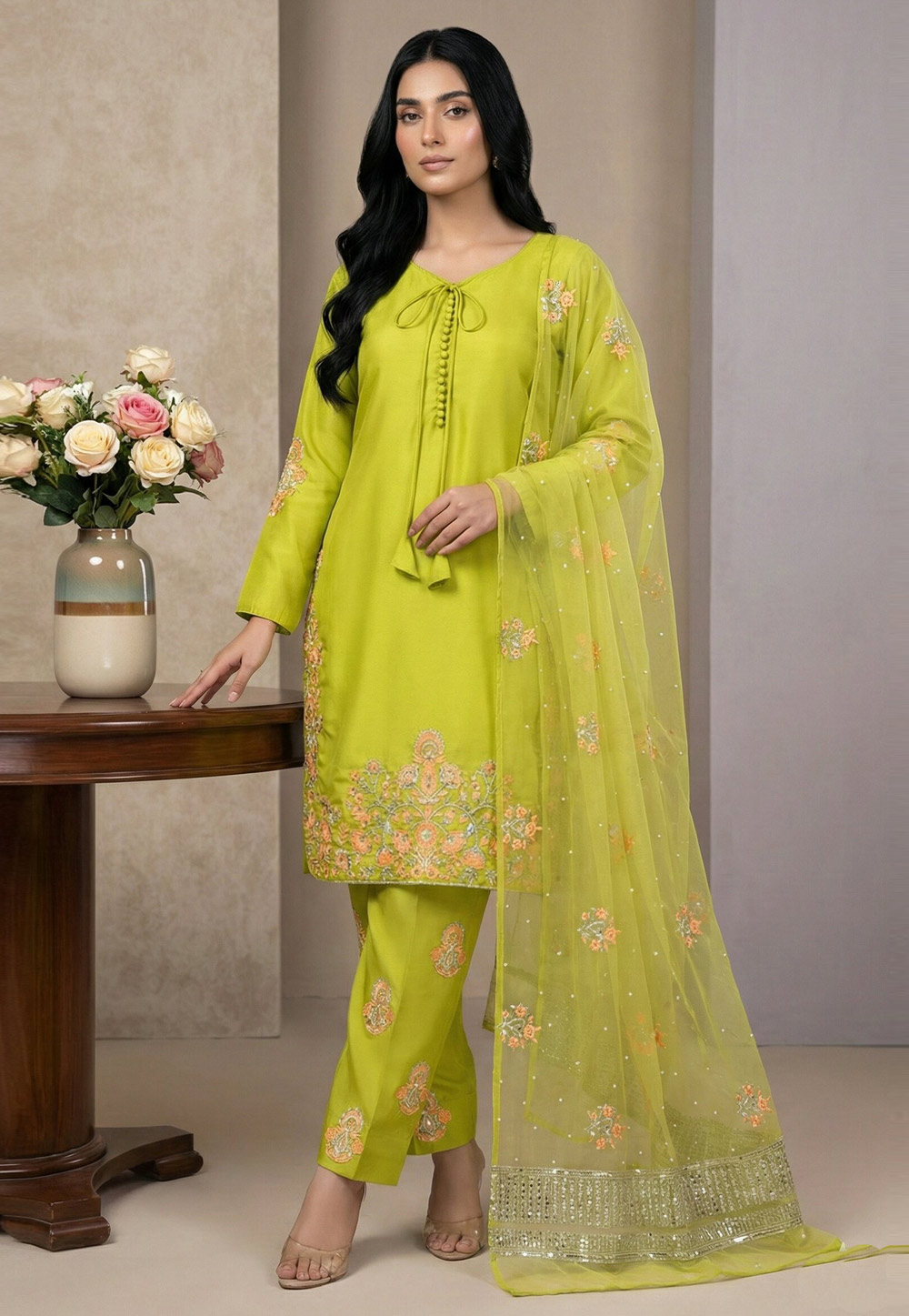 Light Green Crepe Silk Readymade Pant Style Suit 324768
