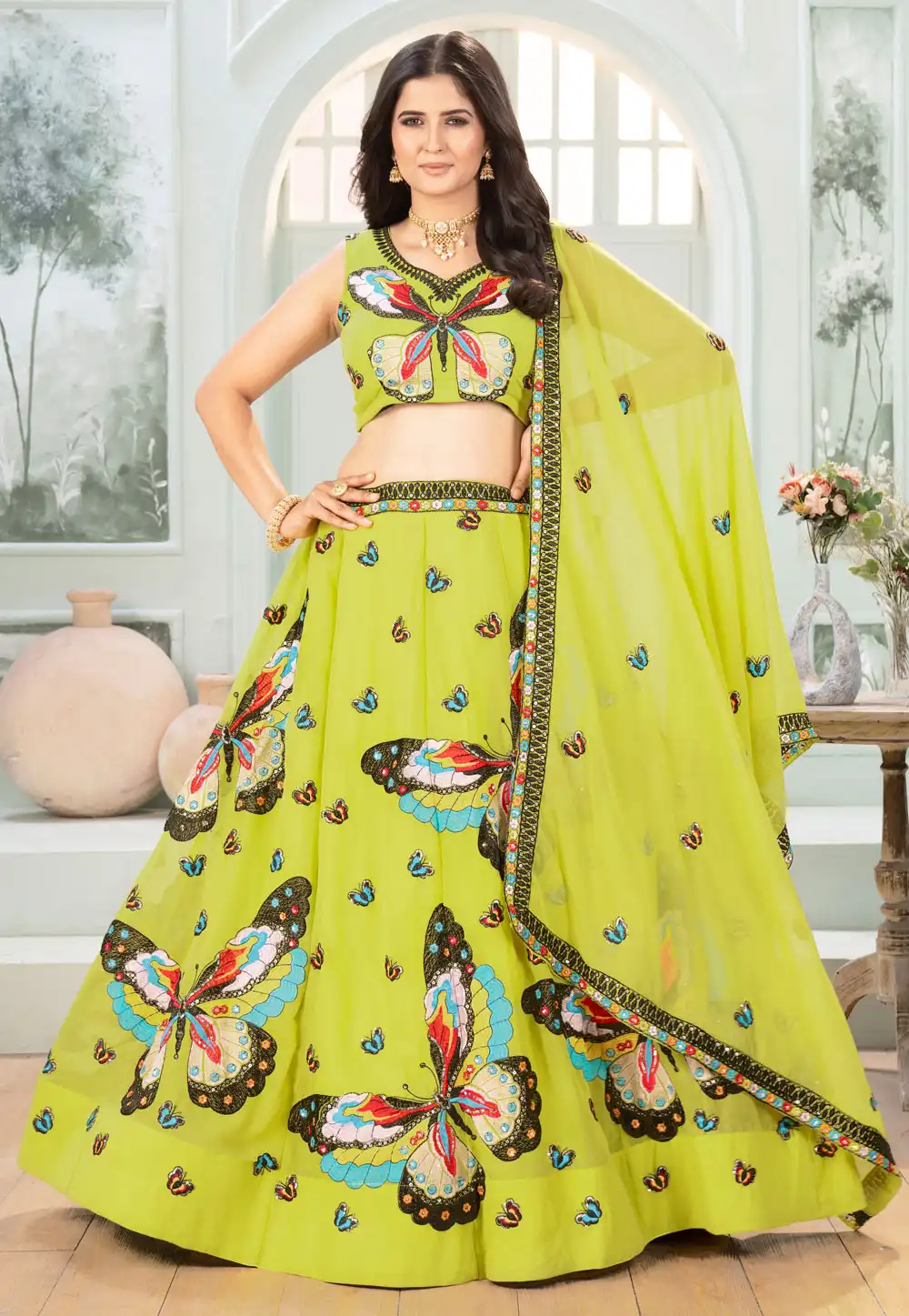 Light Green Faux Georgette Circular Lehenga Choli 313488