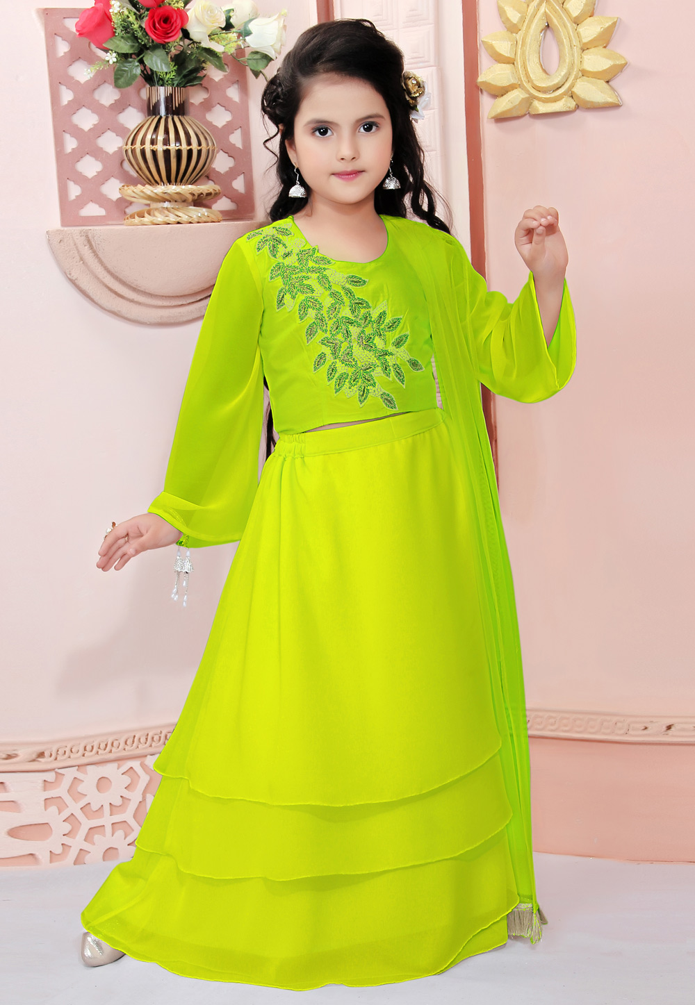 Light Green Faux Georgette Kids Lehenga Choli 312255