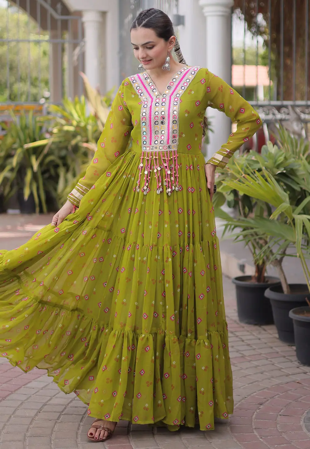Light Green Faux Georgette Navratri Wear Gown 331768