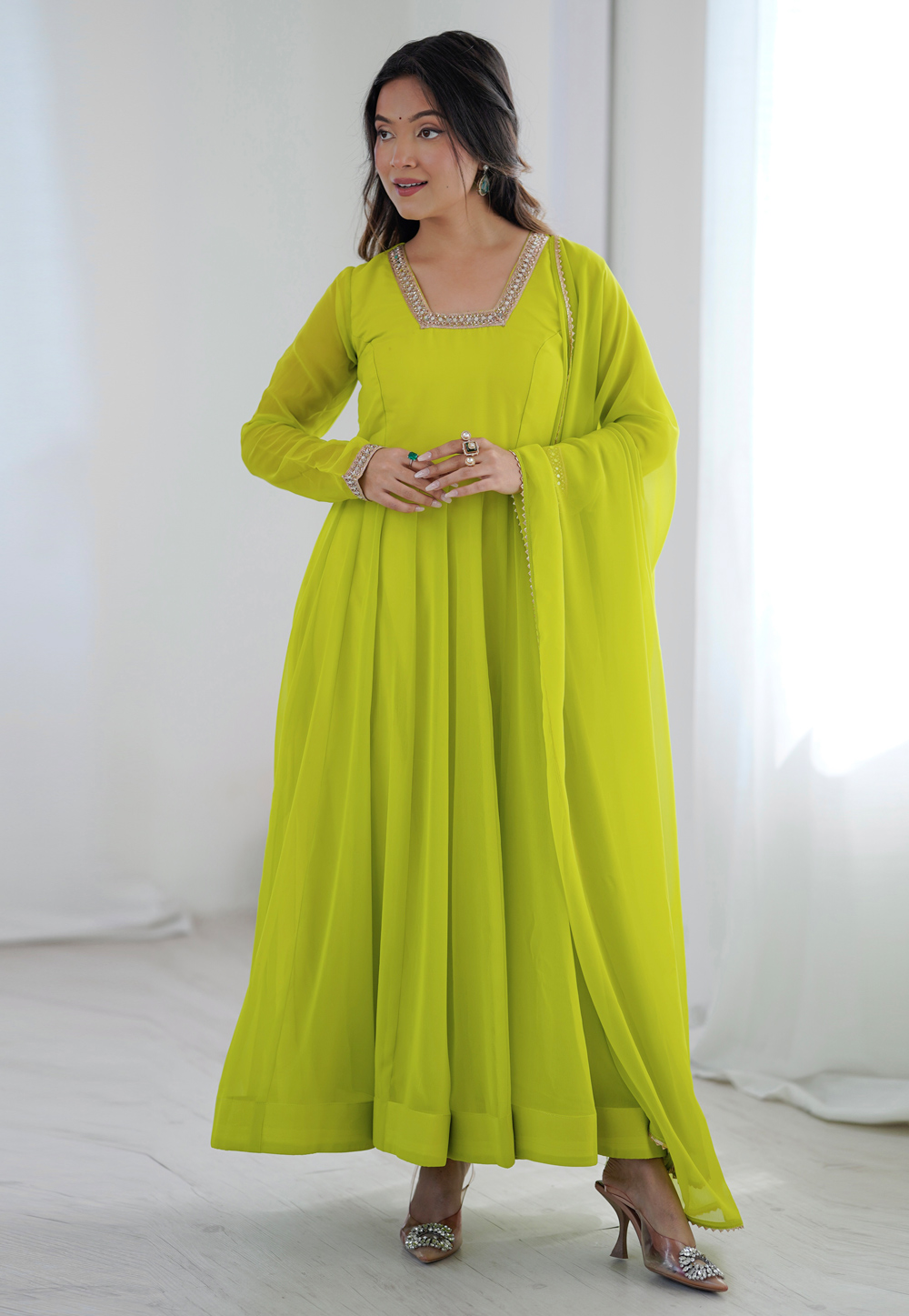 Light Green Faux Georgette Readymade Anarkali Suit 330198