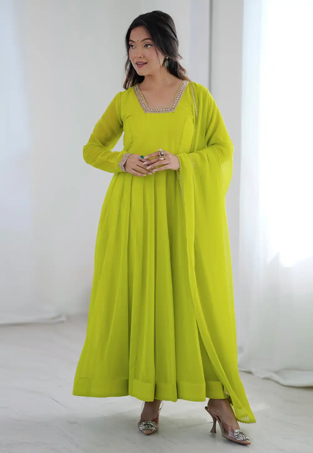 Light Green Faux Georgette Readymade Anarkali Suit 330198