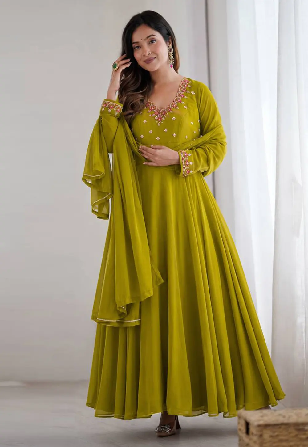 Light Green Faux Georgette Readymade Anarkali Suit 331909