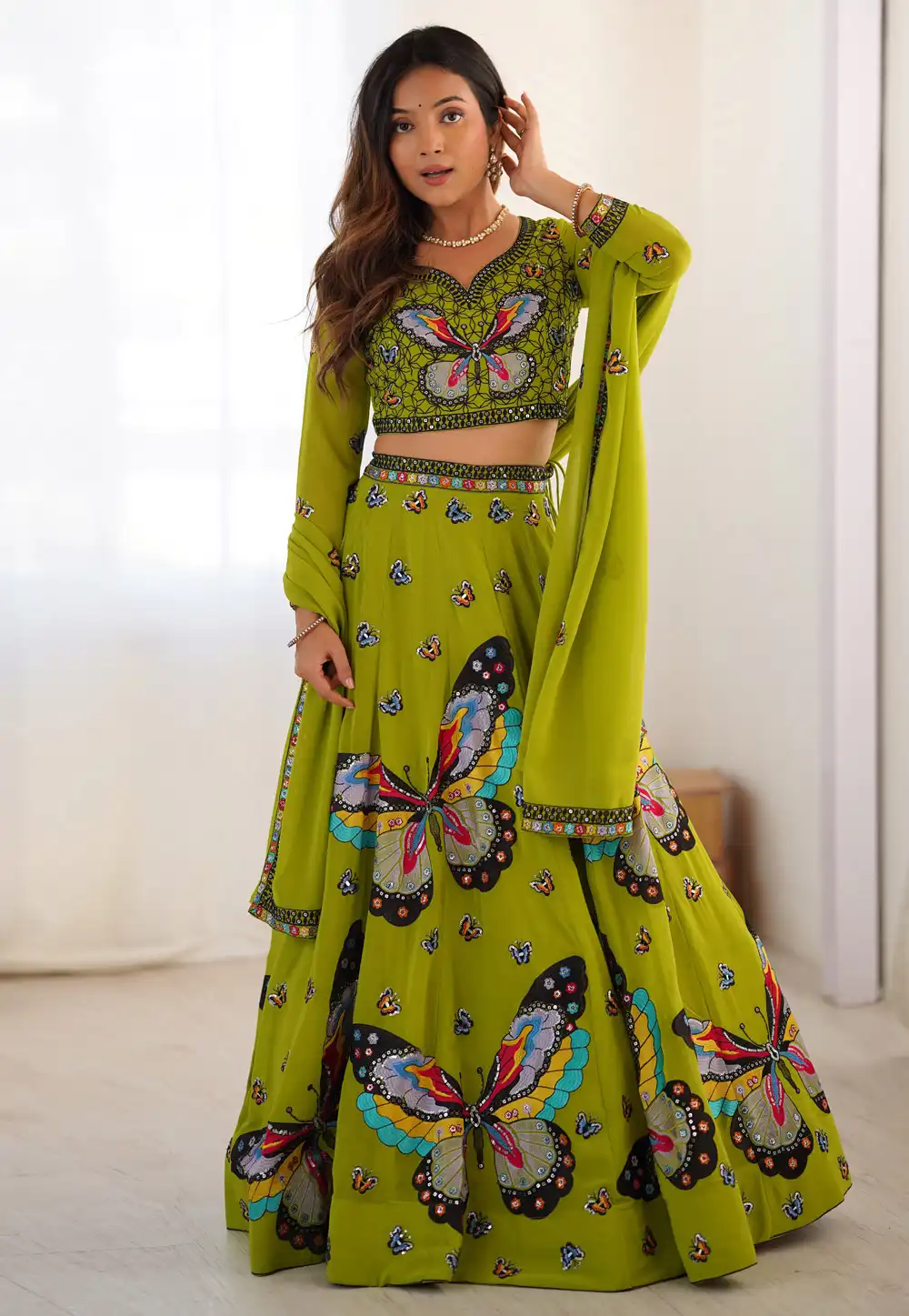 Light Green Georgette A Line Lehenga Choli 313322