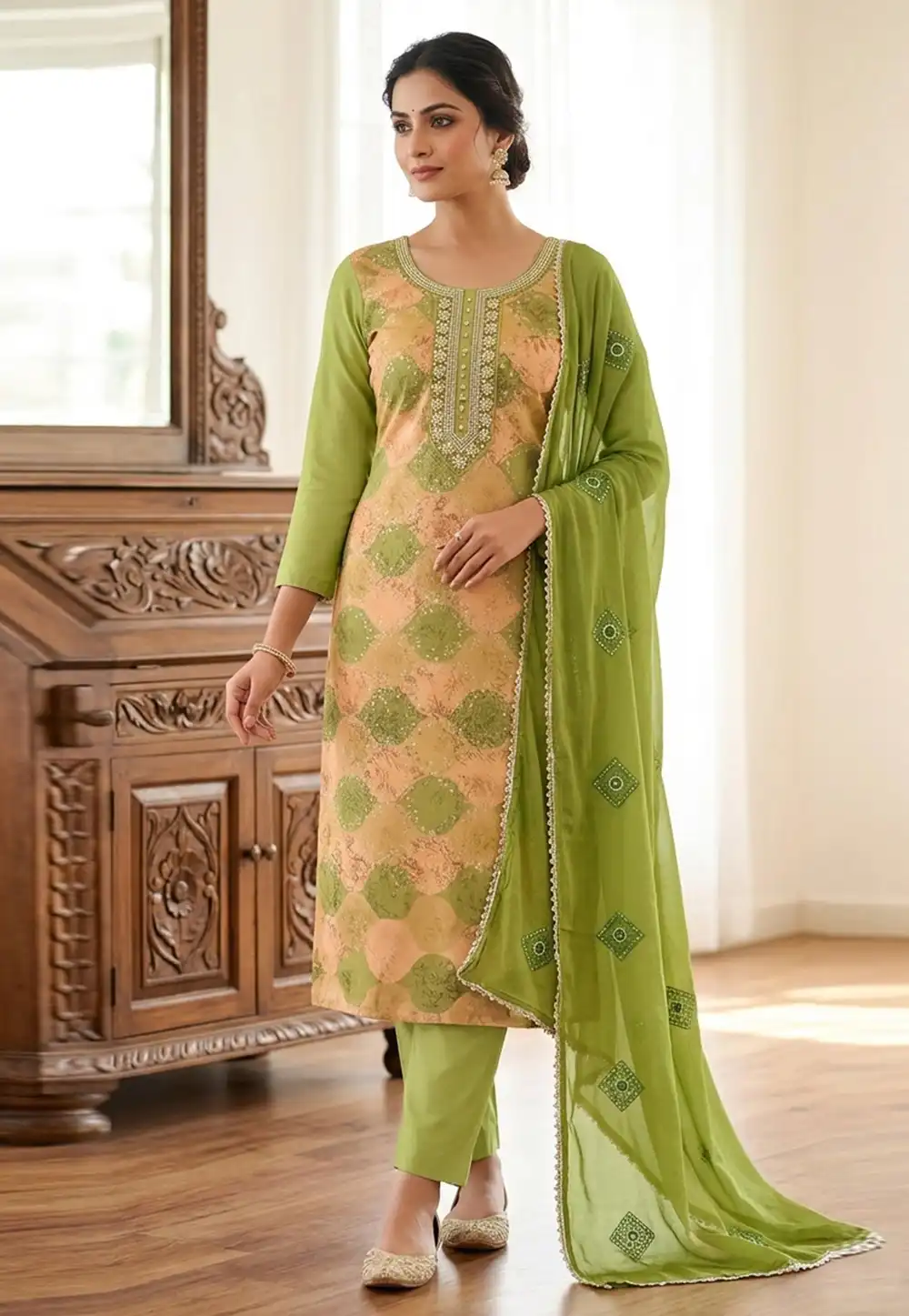 Light Green Muslin Pakistani Suit 330594