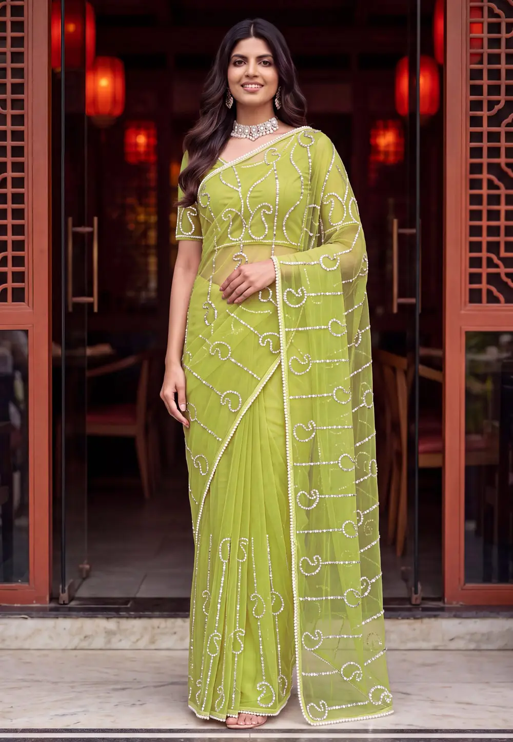 Light Green Net Saree With Blouse 337119