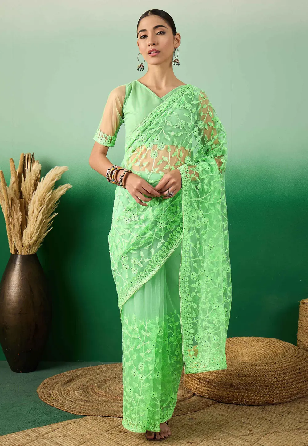 Light Green Net Saree With Blouse 331672