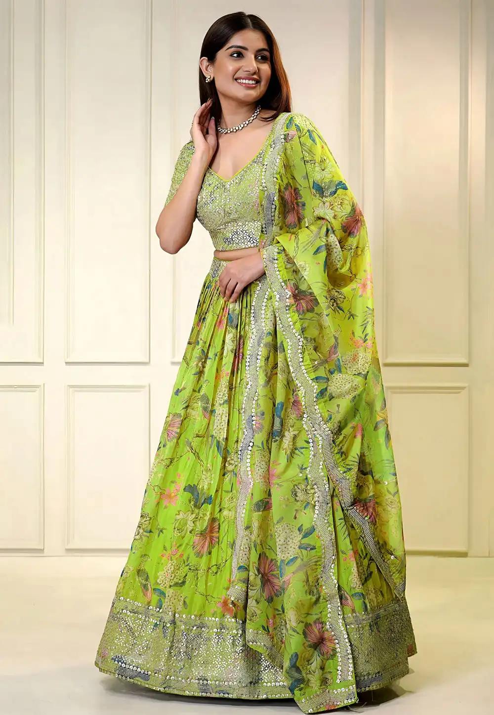 Light Green Organza Floral Lehenga Choli 322742