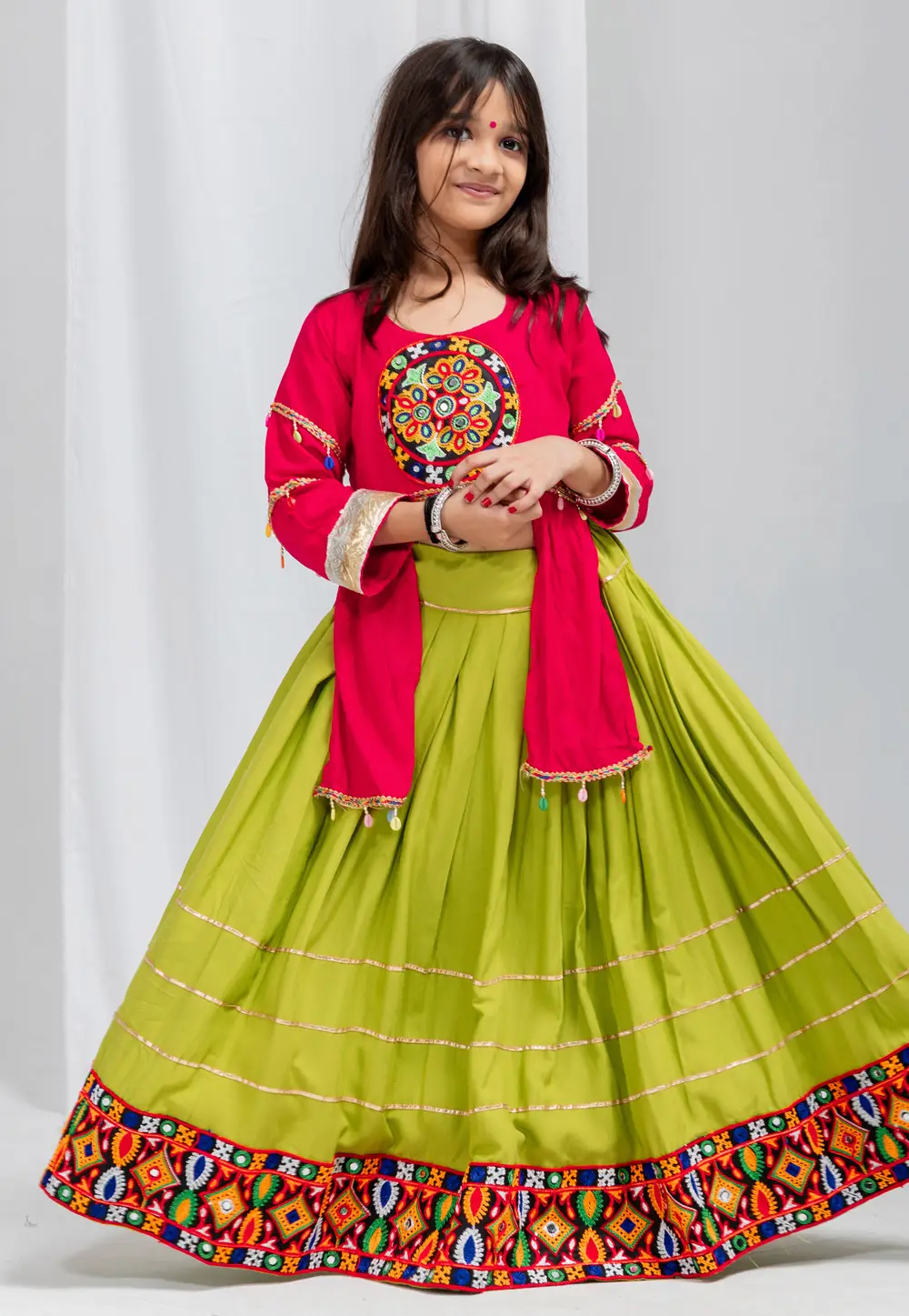 Light Green Rayon Girls Navratri Lehenga Choli 335707