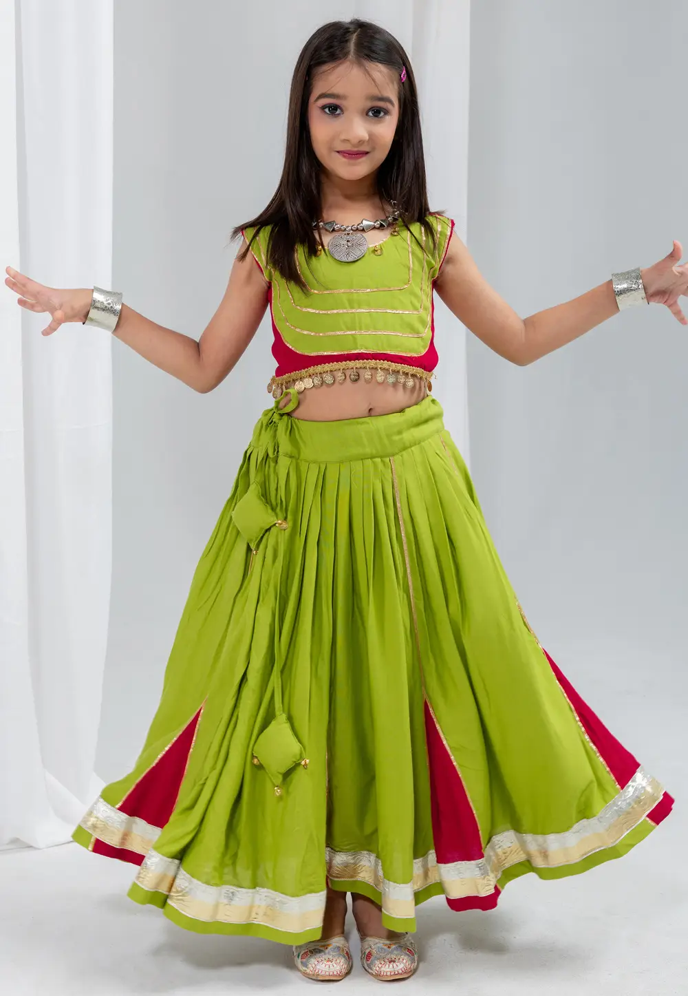 Light Green Rayon Kids Navratri Lehenga Choli 334321
