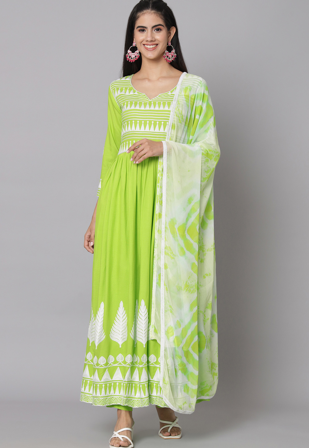 Light Green Rayon Readymade Long Anarkali Suit 308671