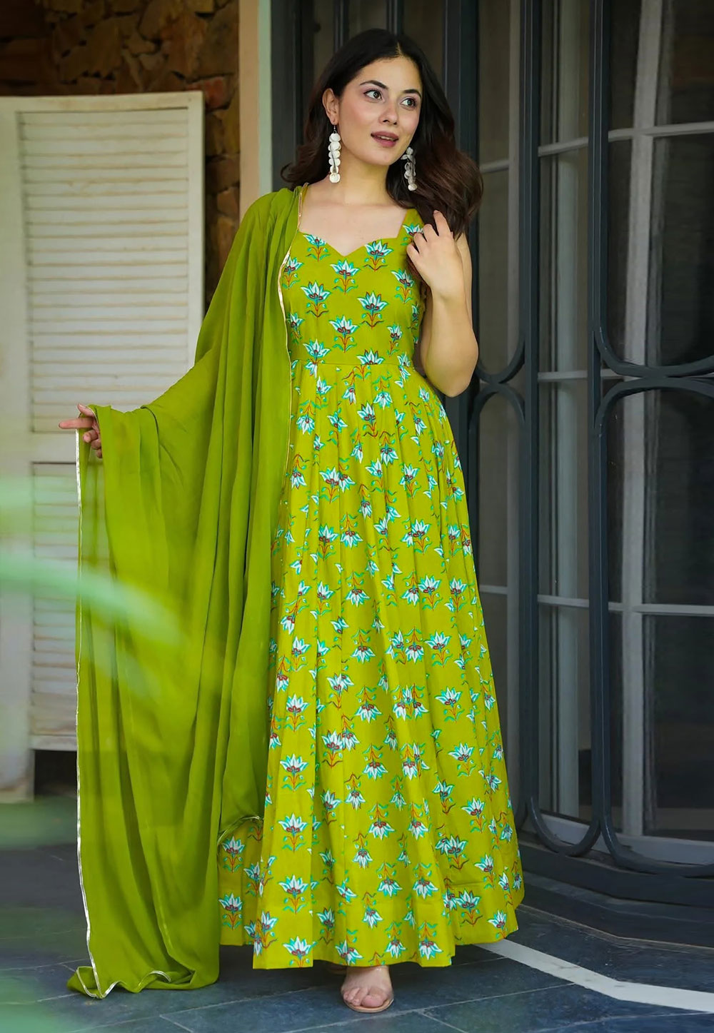 Light Green Rayon Readymade Long Anarkali Suit 319887