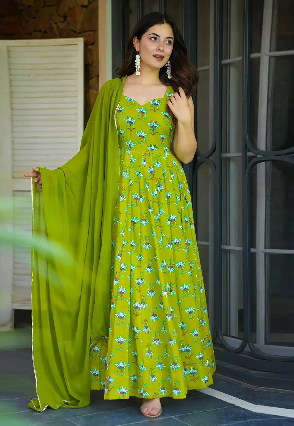 Light Green Rayon Readymade Long Anarkali Suit 319887