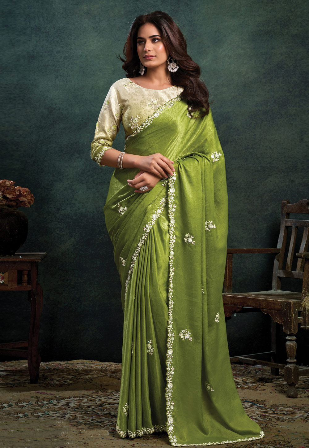 Light Green Satin Silk Saree With Blouse 322374