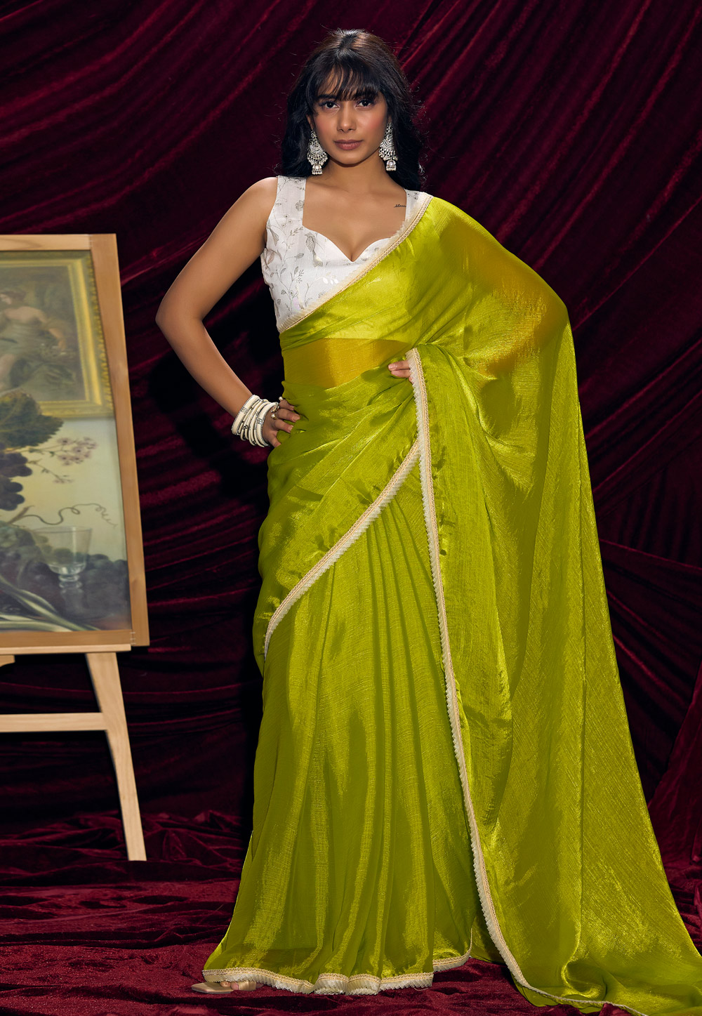 Light Green Satin Silk Saree With Blouse 328473
