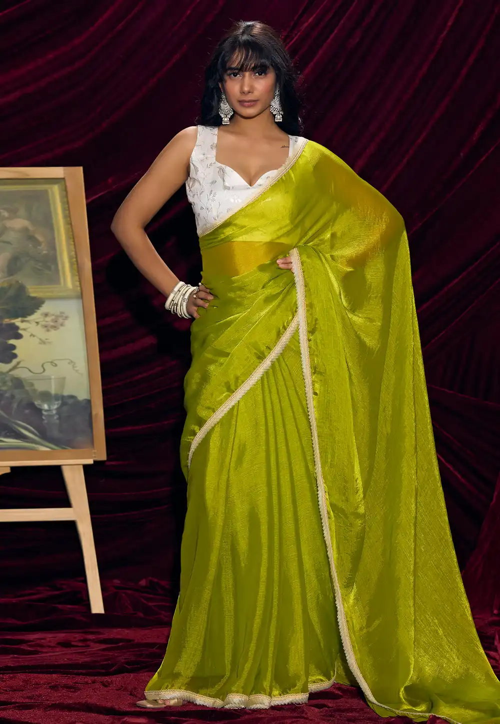 Light Green Satin Silk Saree With Blouse 328473